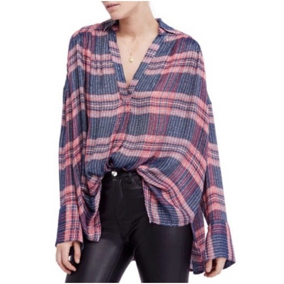 Free People Fearless Love Pink Blue Plaid Sequin Boho Button-Down Shirt - SP - Picture 3 of 10